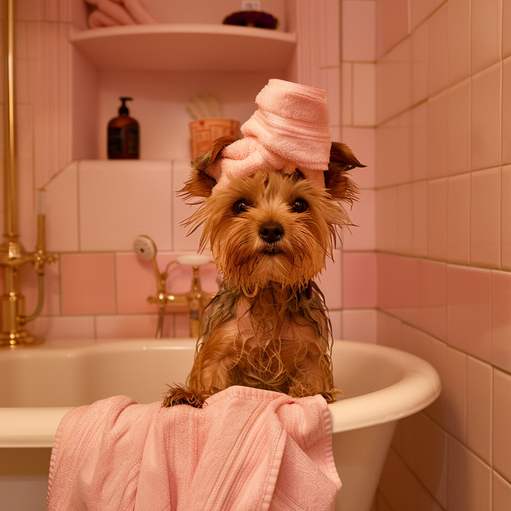 un chien type Yorkshire qui prend son bain chez le toiletteur